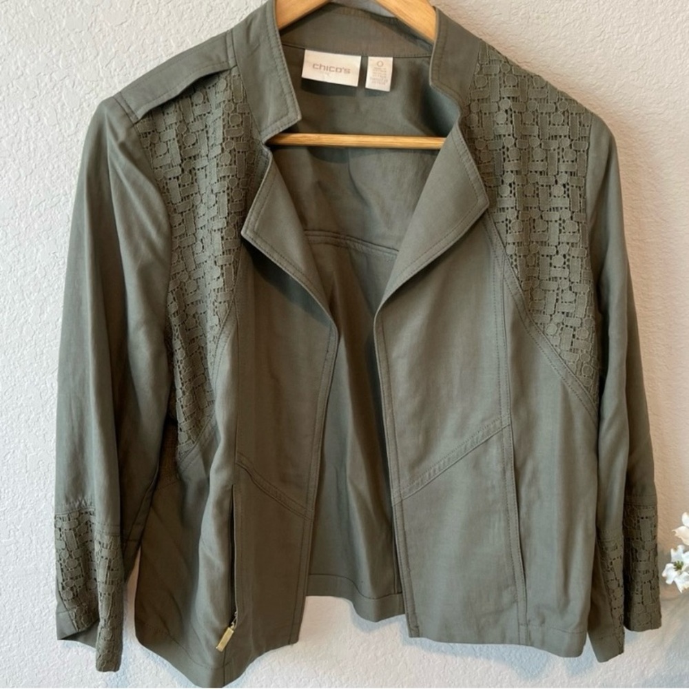 Chico's Olive Green Eyelet Open Jacket 0/4